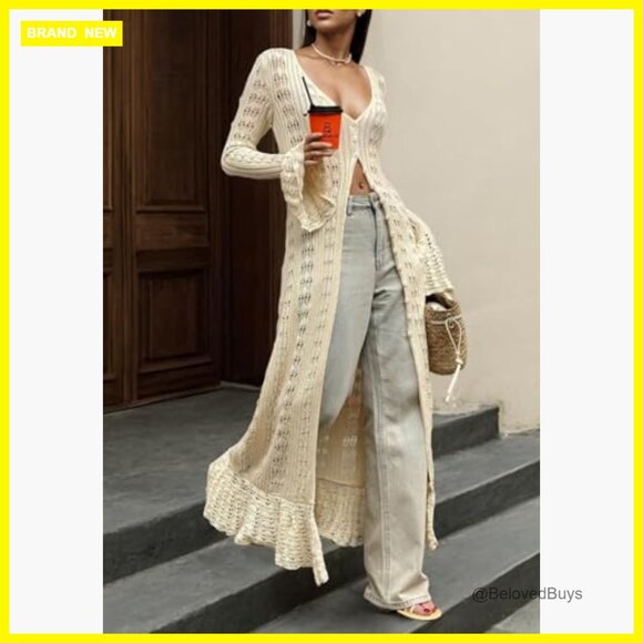 Long Cardigan Sweater Maxi Dress Button Down Boho Crochet Cover Up - Picture 5 of 7